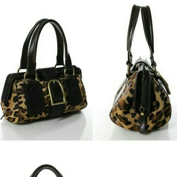 Ella Leopard Brown Beige Leather Pony Brass Satche - Picture 3 of 5